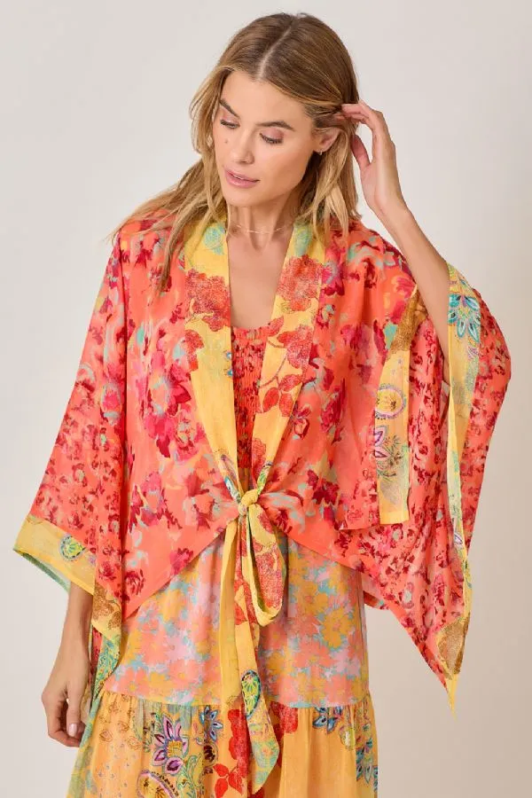 Mystree Tomato Mix Print Kimono with Gold Lurex Accents