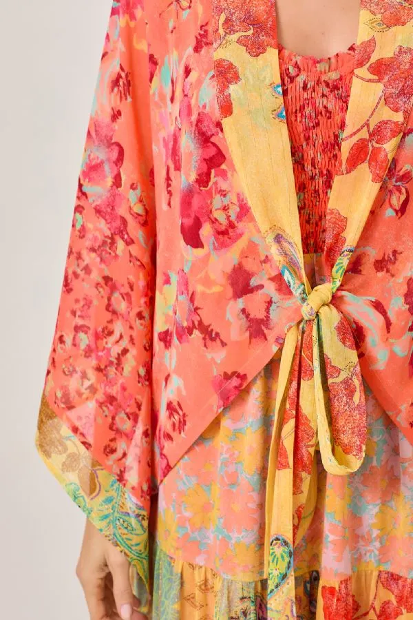 Mystree Tomato Mix Print Kimono with Gold Lurex Accents