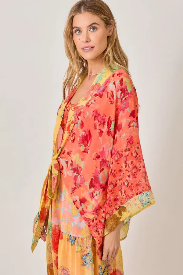 Mystree Tomato Mix Print Kimono with Gold Lurex Accents