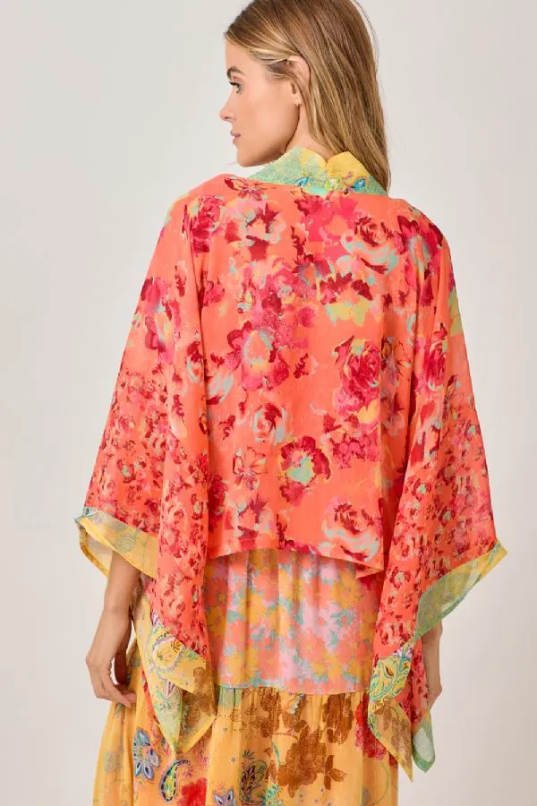 Mystree Tomato Mix Print Kimono with Gold Lurex Accents