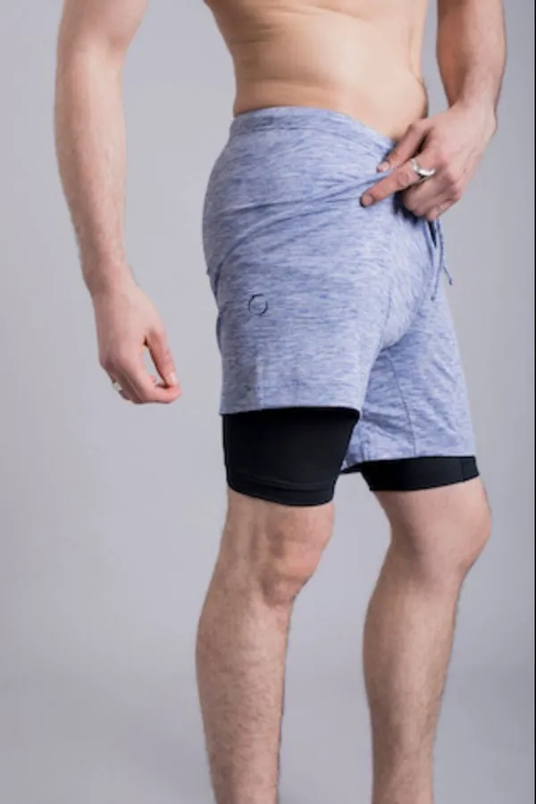 OHMME //  2-DOGS LINED MENS YOGA SHORTS - BLUE