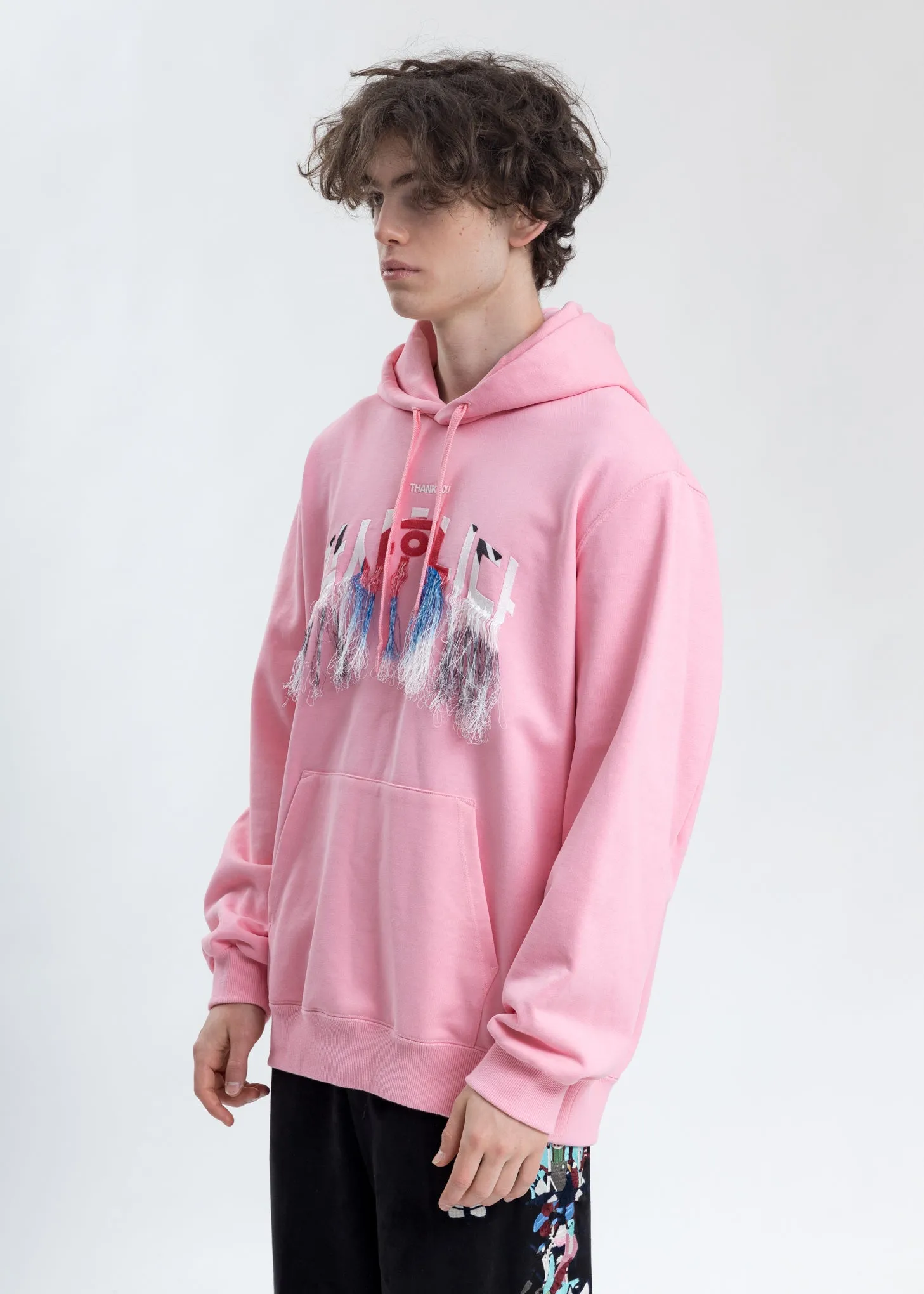 Pink Thank You Fringe Embroidery Hoodie