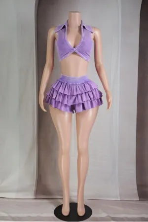"Kitten" Mineral Washed Collared Crop Top & Tiered Short Set.
