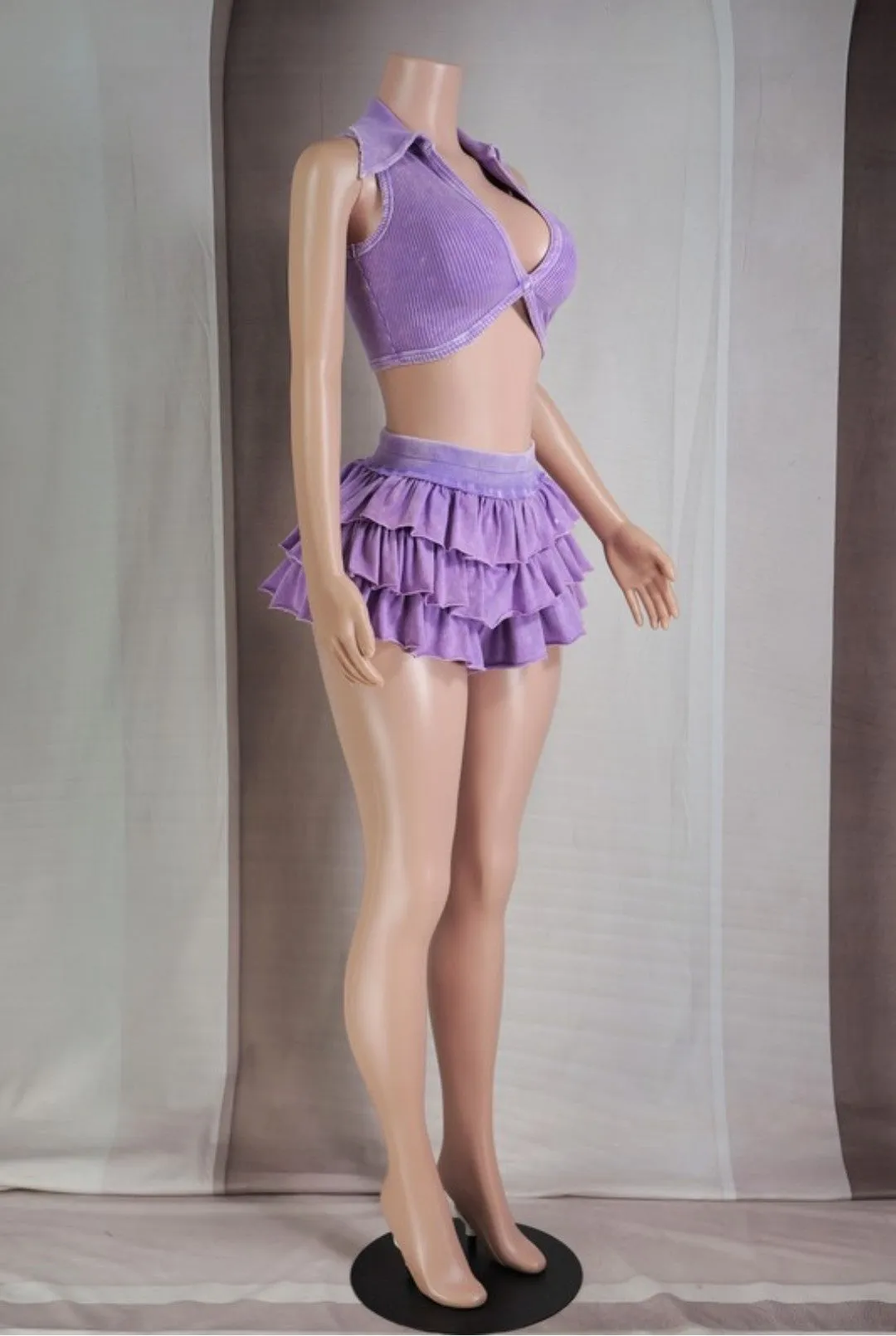 "Kitten" Mineral Washed Collared Crop Top & Tiered Short Set.
