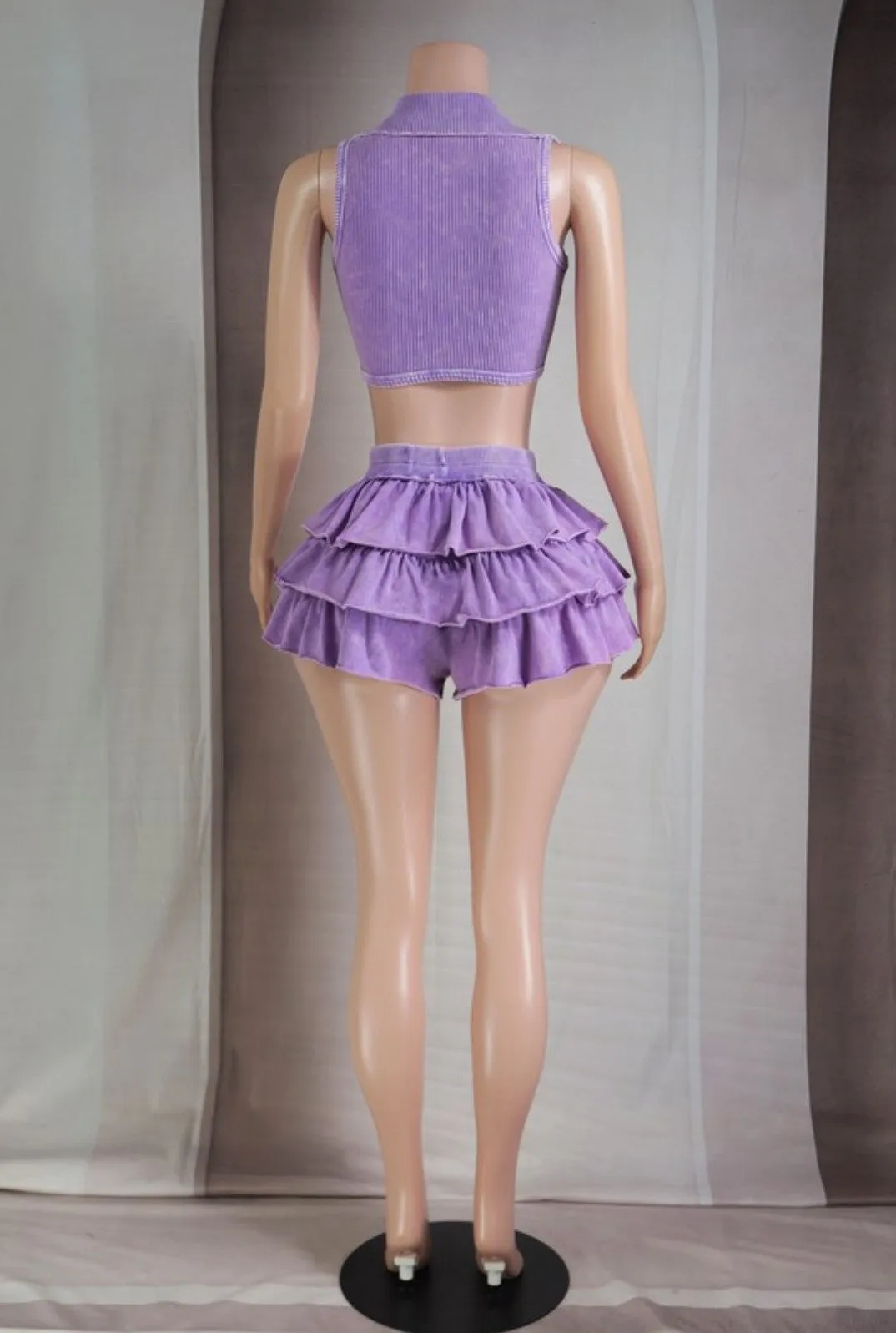 "Kitten" Mineral Washed Collared Crop Top & Tiered Short Set.