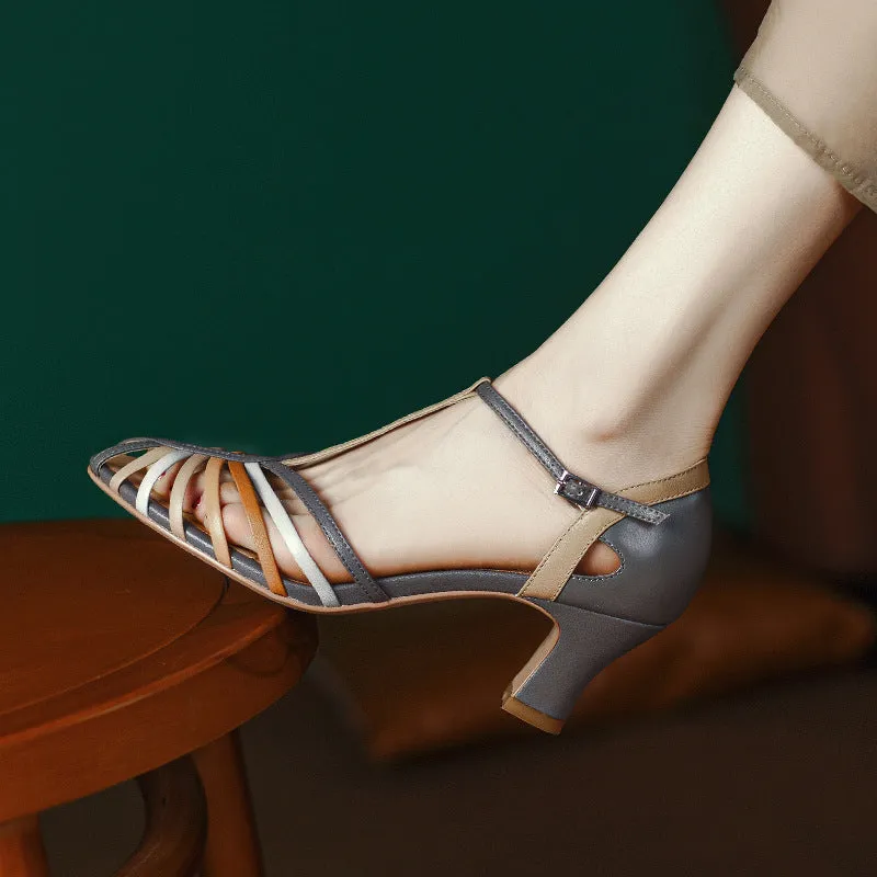 Retro Cut Out Mid Heel Roman Sandals