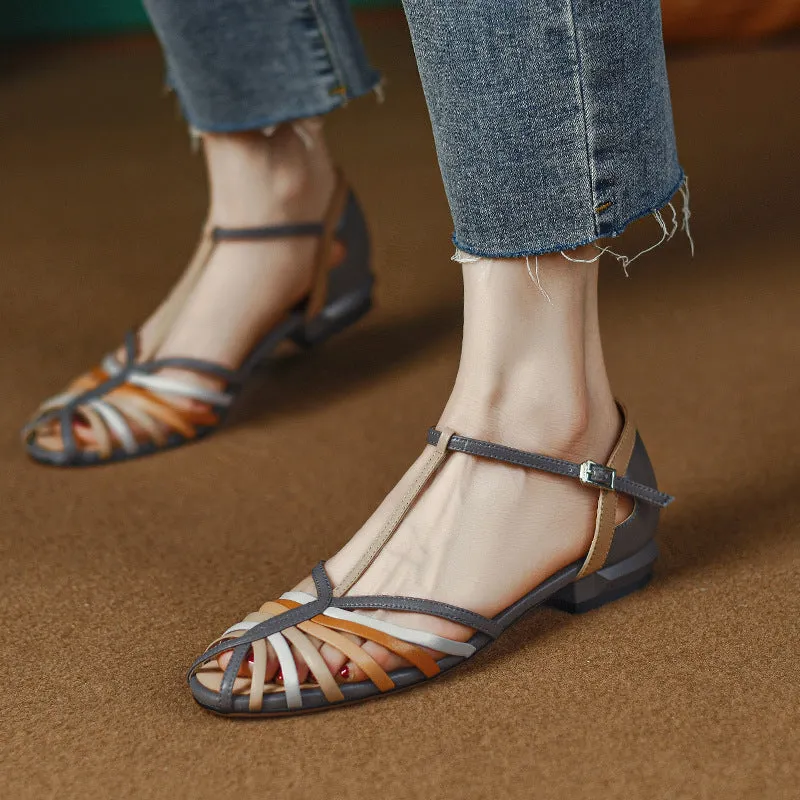Retro Cut Out Mid Heel Roman Sandals