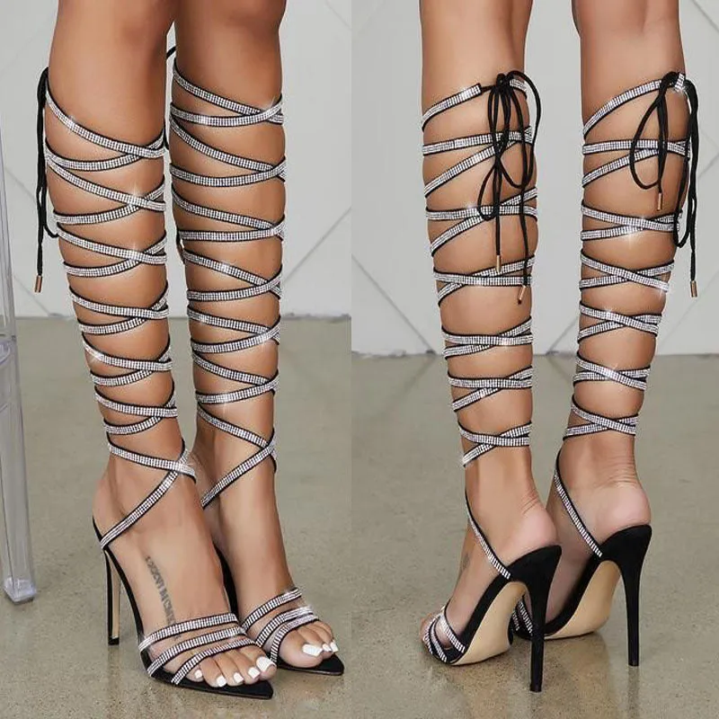 Rhinestone Black Point Toe Strap High Heel Knee High Sandals