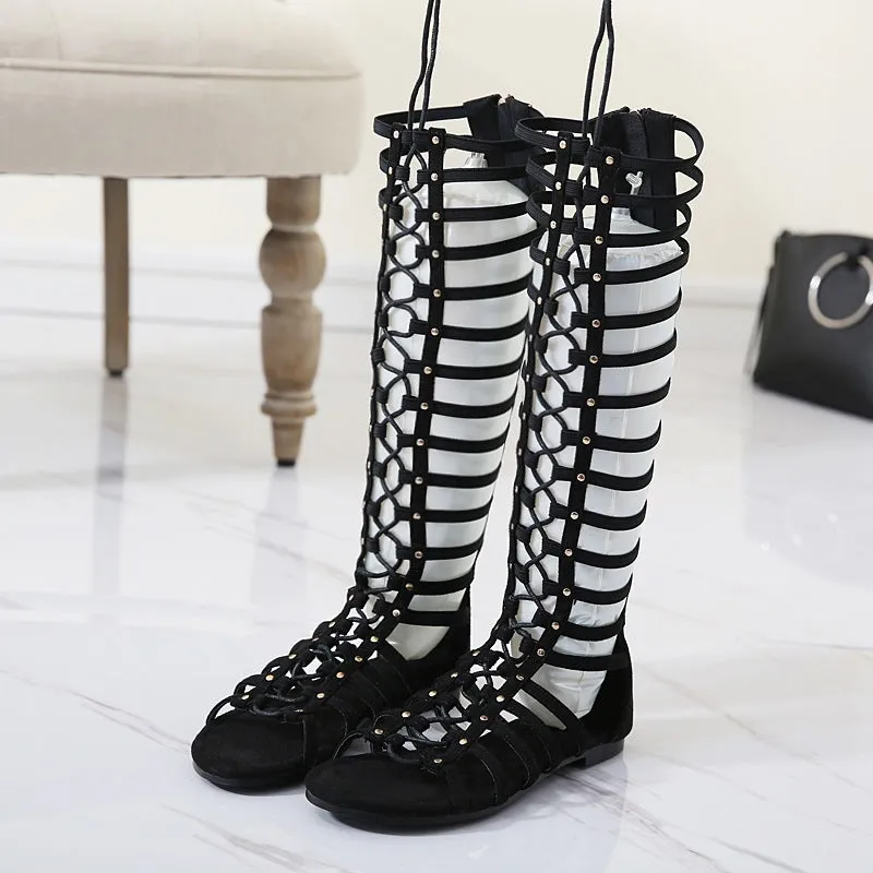 Rivets Straps Lace Up Open Toe Long Boot Roman Style Sandals