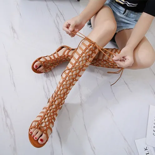 Rivets Straps Lace Up Open Toe Long Boot Roman Style Sandals