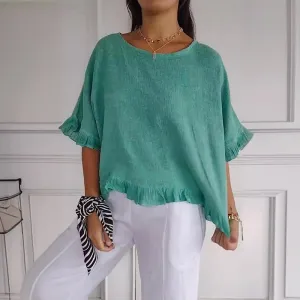 Round Neck Ruffled Hem Mid-sleeve Cotton and Linen Top