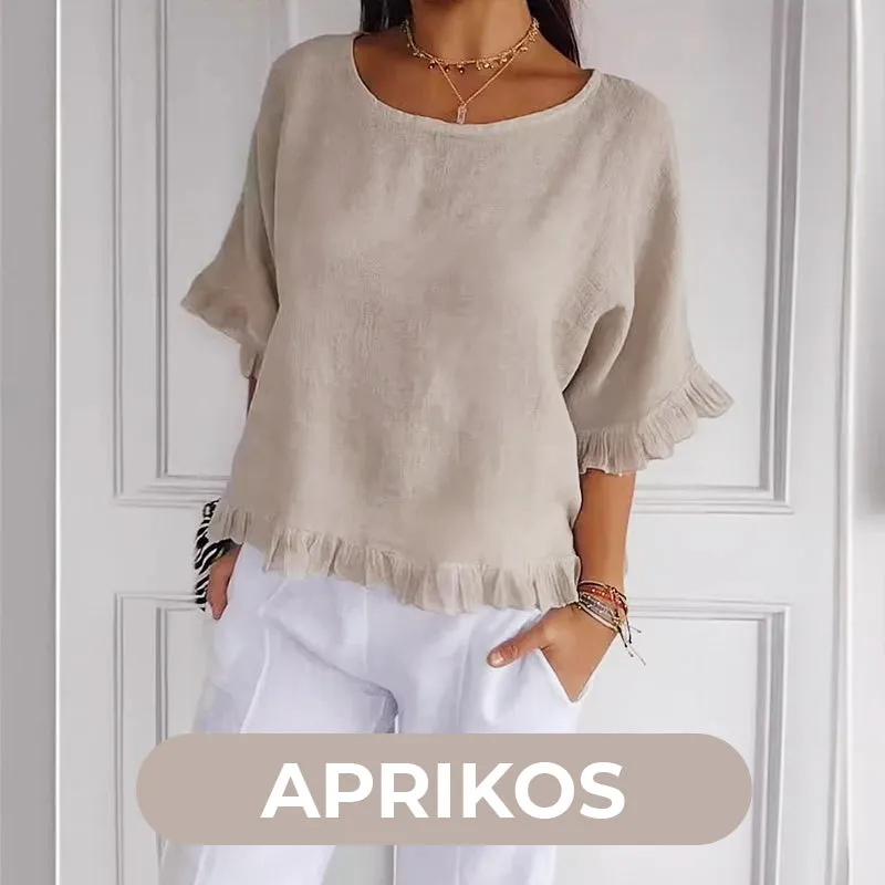 Round Neck Ruffled Hem Mid-sleeve Cotton and Linen Top