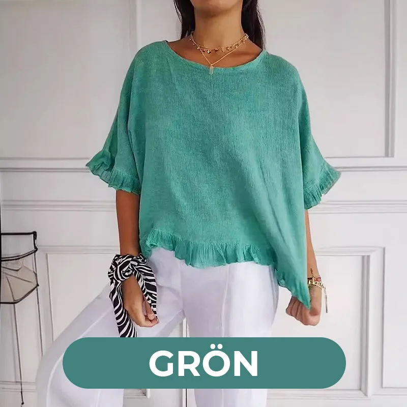 Round Neck Ruffled Hem Mid-sleeve Cotton and Linen Top