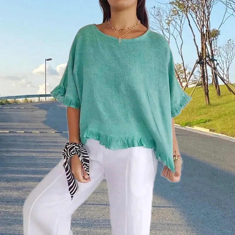 Round Neck Ruffled Hem Mid-sleeve Cotton and Linen Top