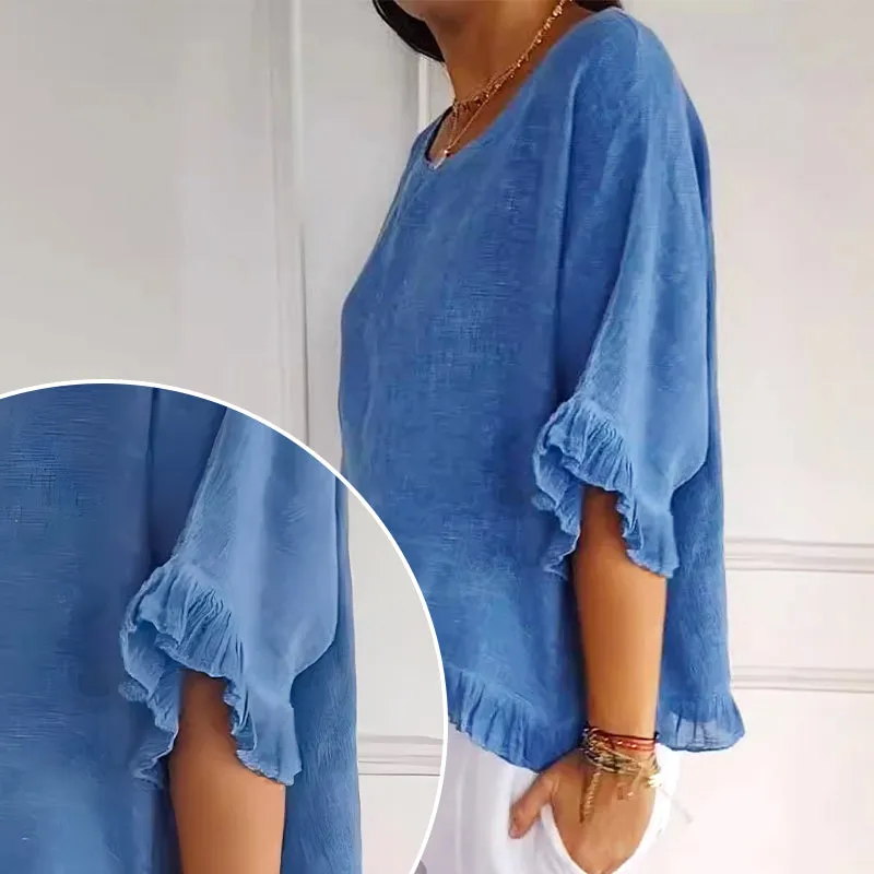 Round Neck Ruffled Hem Mid-sleeve Cotton and Linen Top