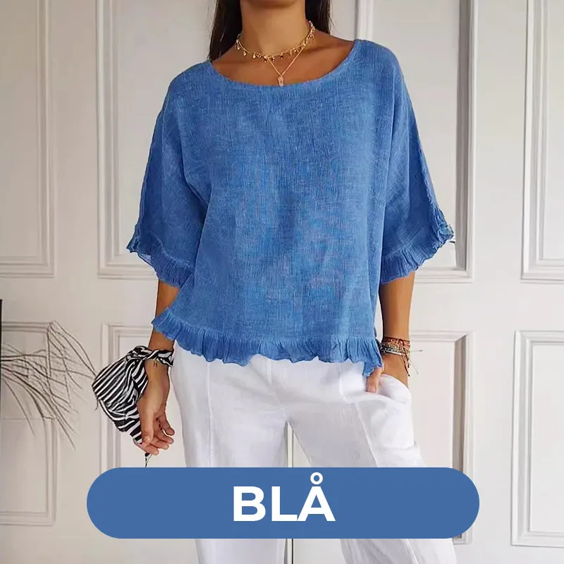 Round Neck Ruffled Hem Mid-sleeve Cotton and Linen Top