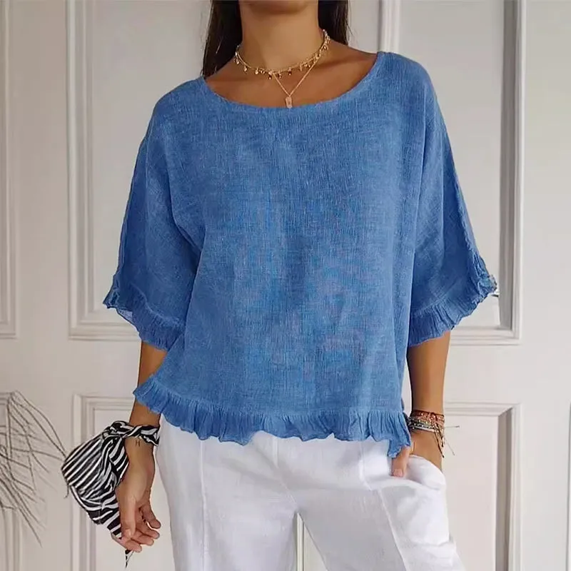 Round Neck Ruffled Hem Mid-sleeve Cotton and Linen Top