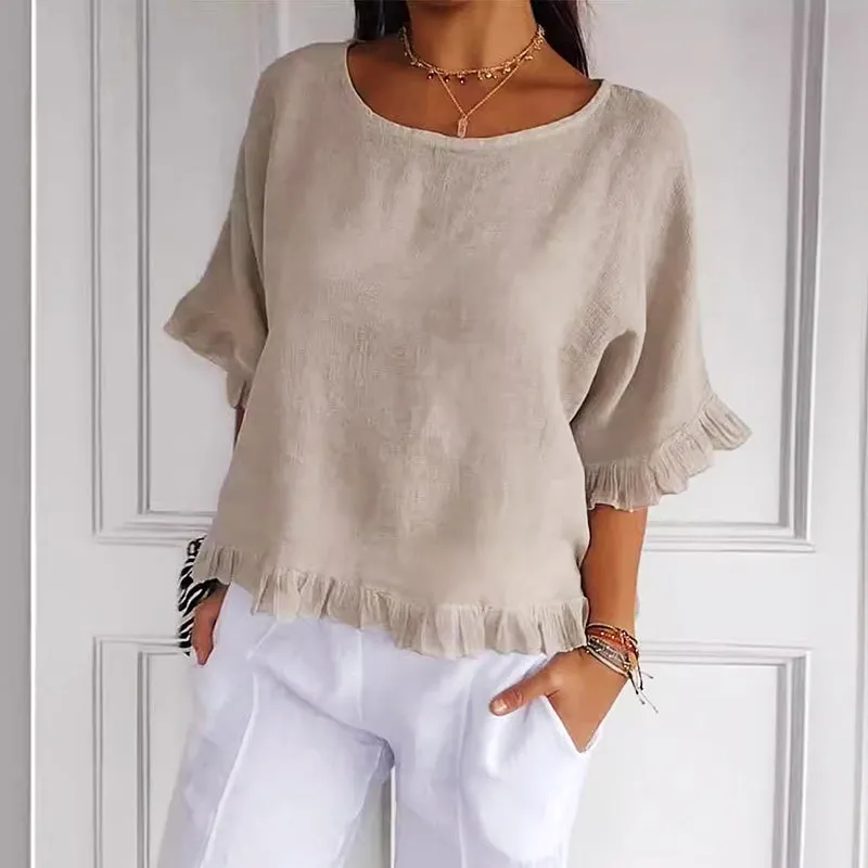 Round Neck Ruffled Hem Mid-sleeve Cotton and Linen Top