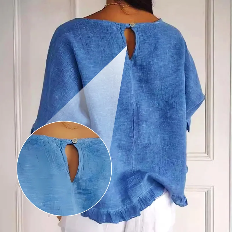 Round Neck Ruffled Hem Mid-sleeve Cotton and Linen Top