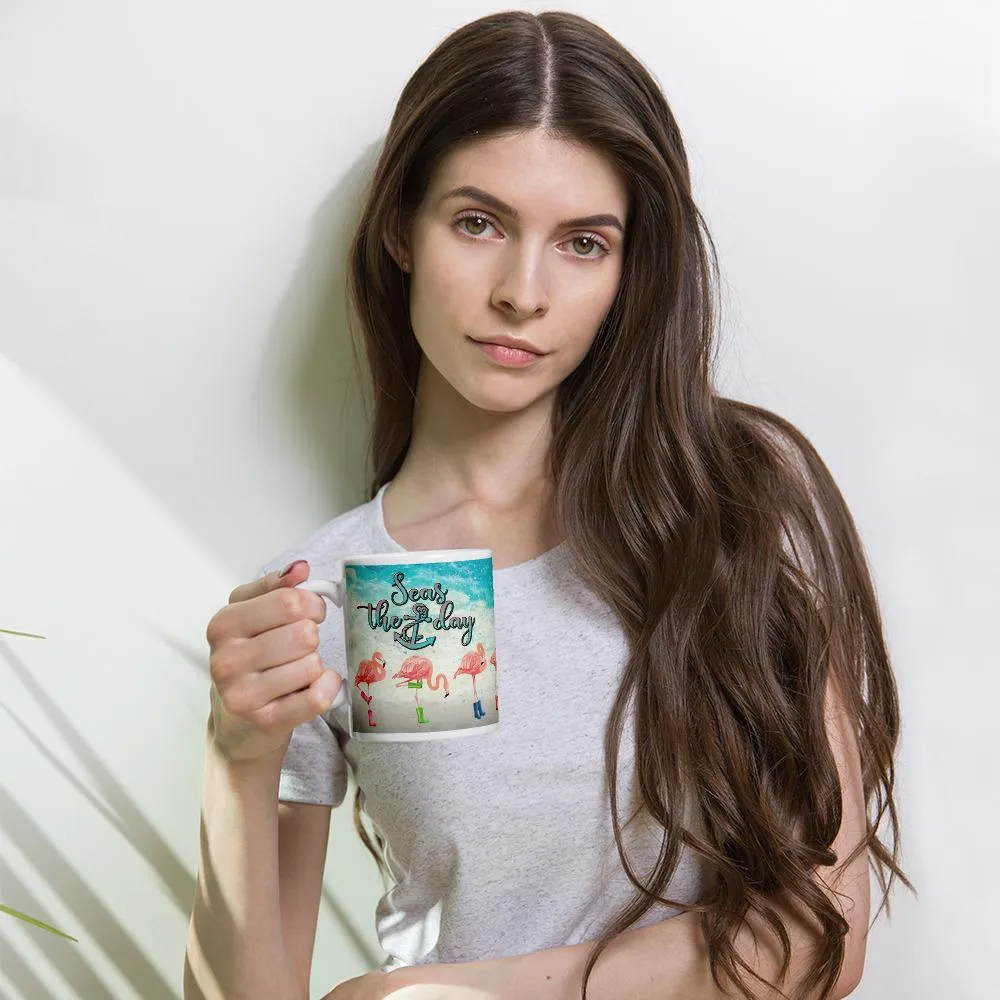 Seas The Day Flamingos In Rain Boots Mug