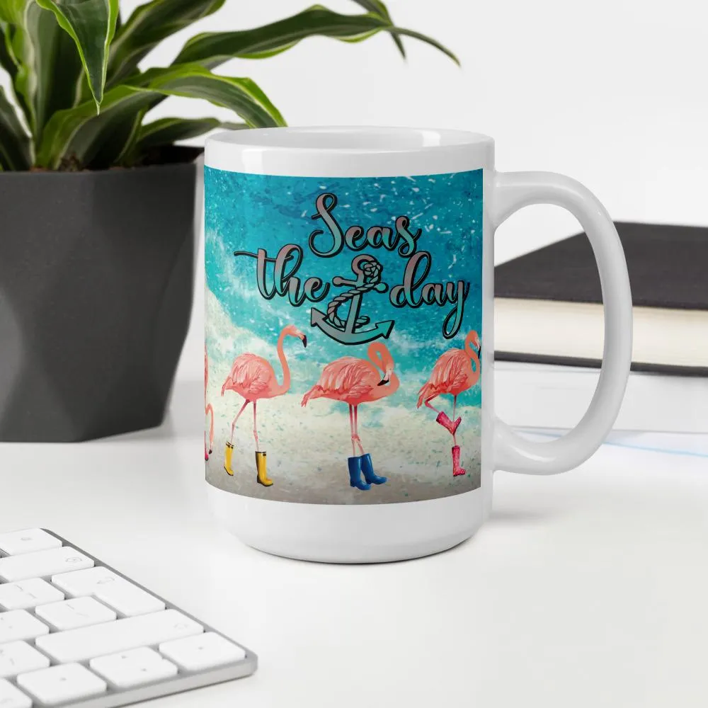 Seas The Day Flamingos In Rain Boots Mug