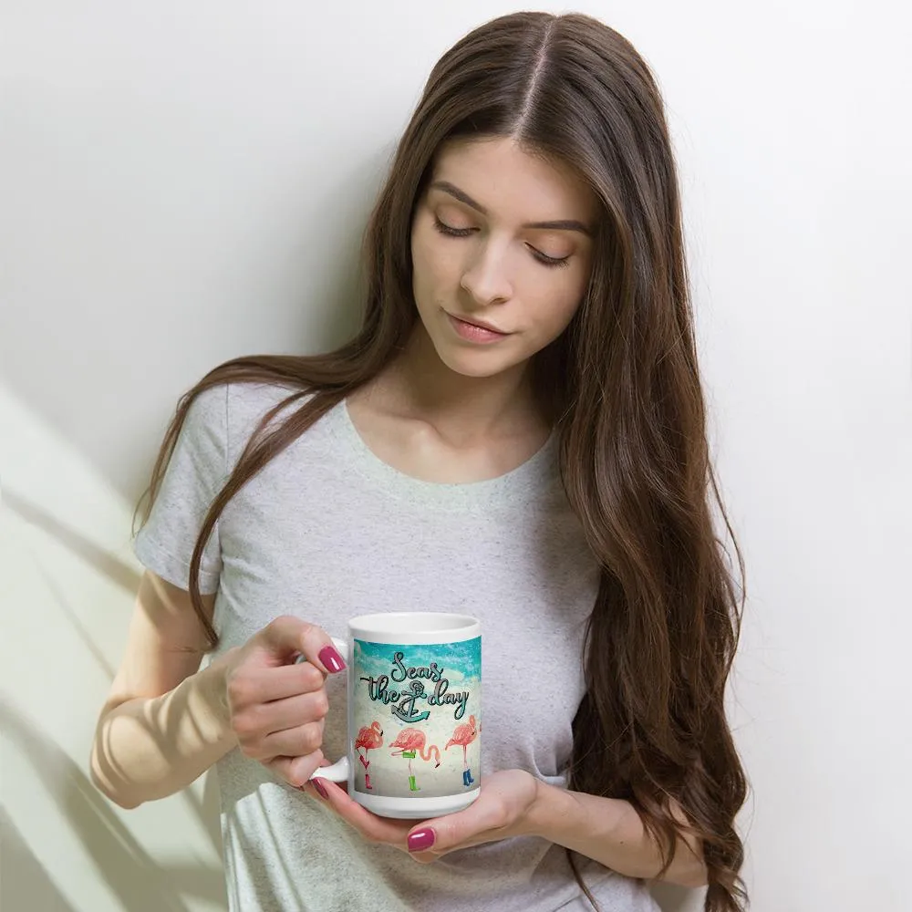 Seas The Day Flamingos In Rain Boots Mug