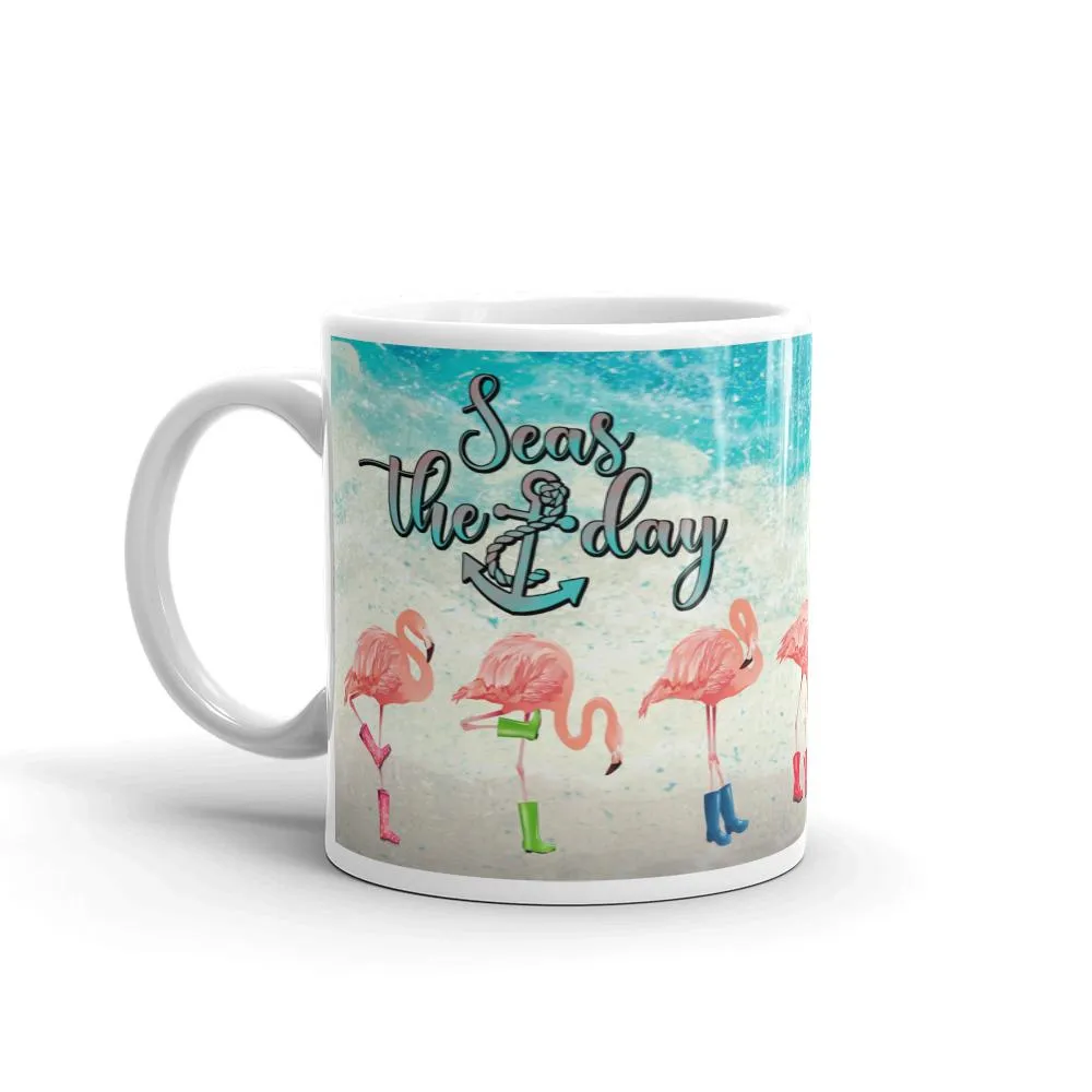 Seas The Day Flamingos In Rain Boots Mug
