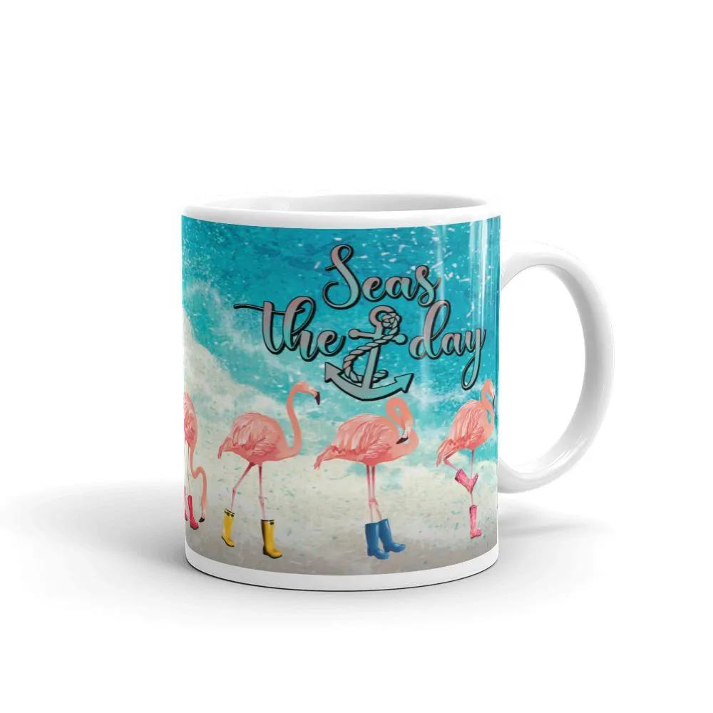 Seas The Day Flamingos In Rain Boots Mug