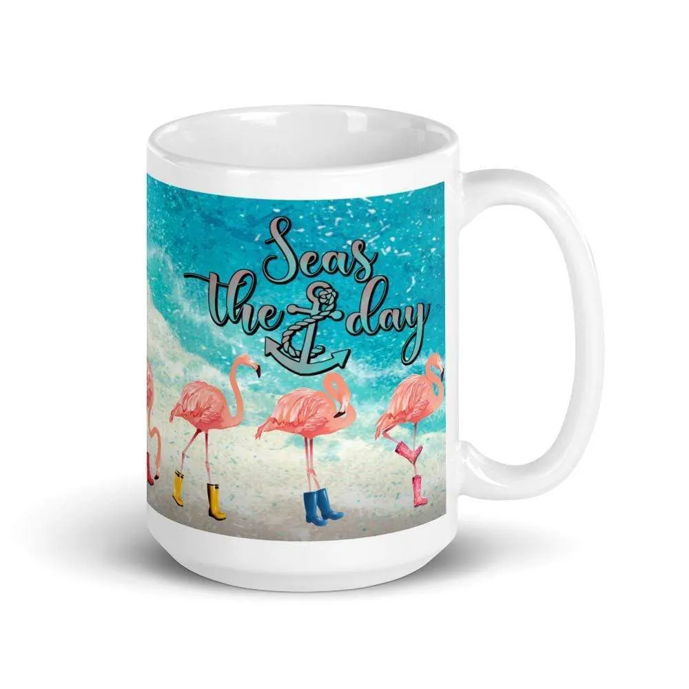 Seas The Day Flamingos In Rain Boots Mug