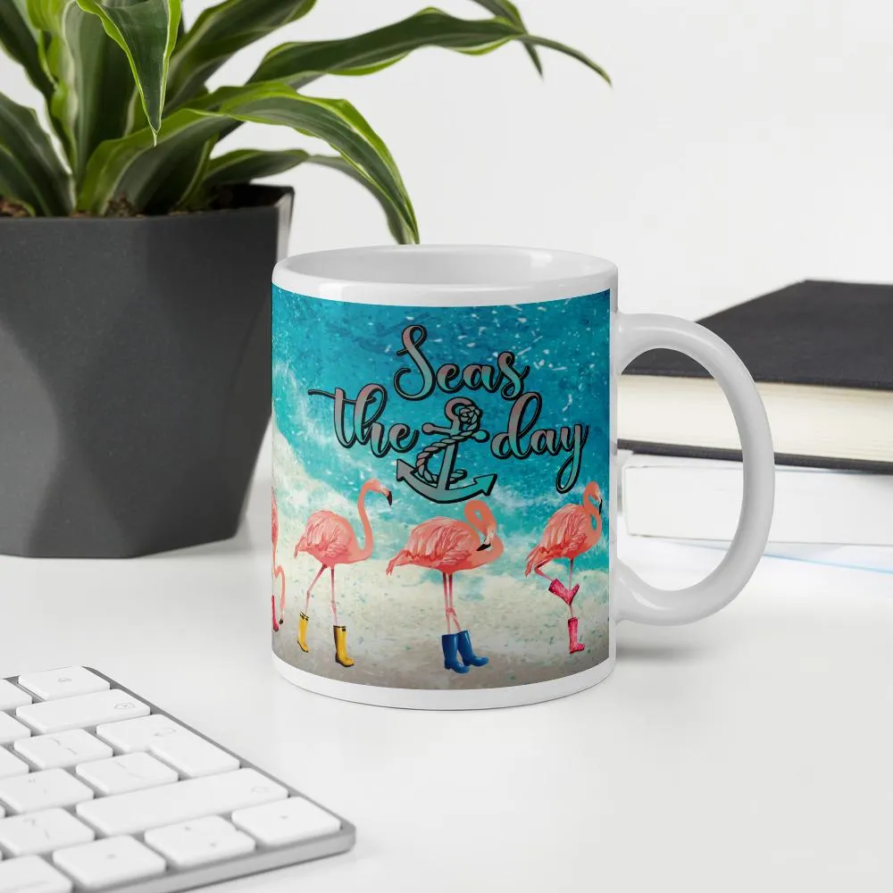 Seas The Day Flamingos In Rain Boots Mug