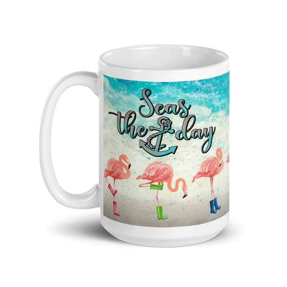 Seas The Day Flamingos In Rain Boots Mug