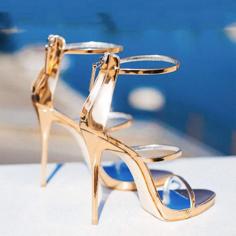Sequin Colorblock Zipper Open Toe High Heel Sandals