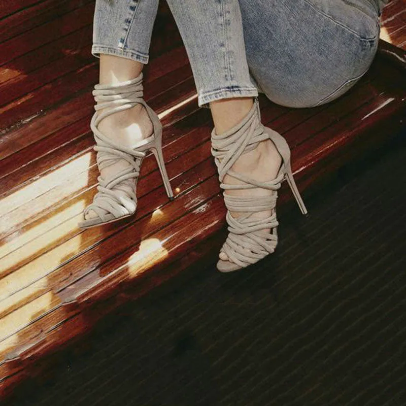Sexy Beige Strap Peep Toe Cutout High Heel Sandals