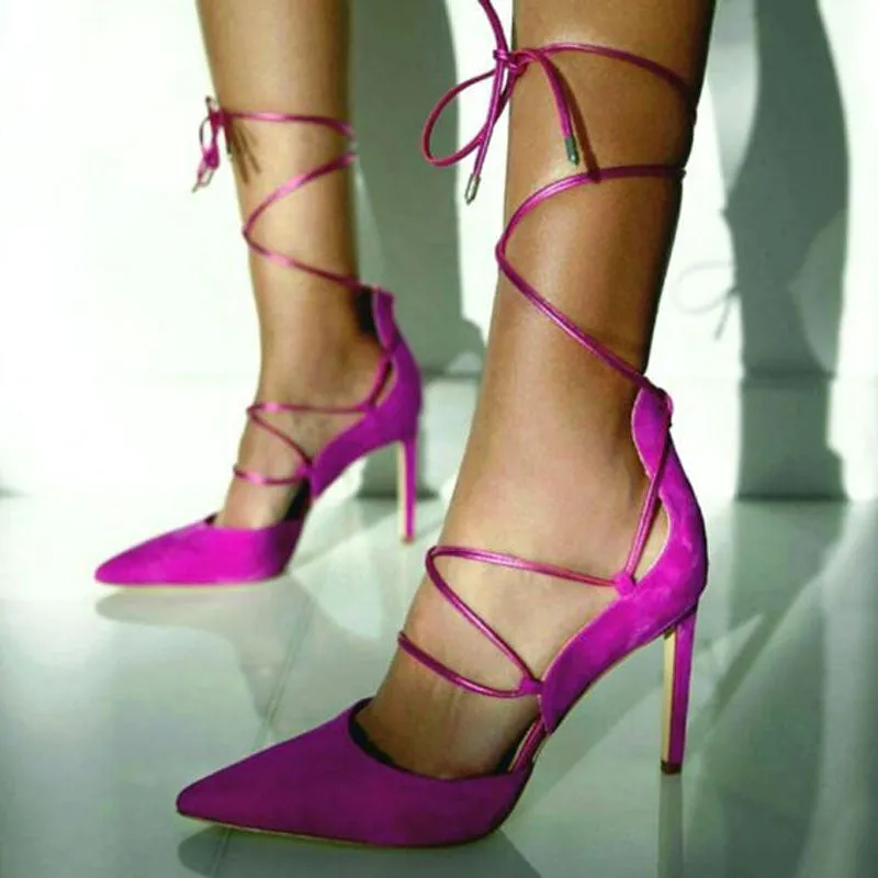 Sexy Rose Red Suede Cutout Strap High Heel Sandals