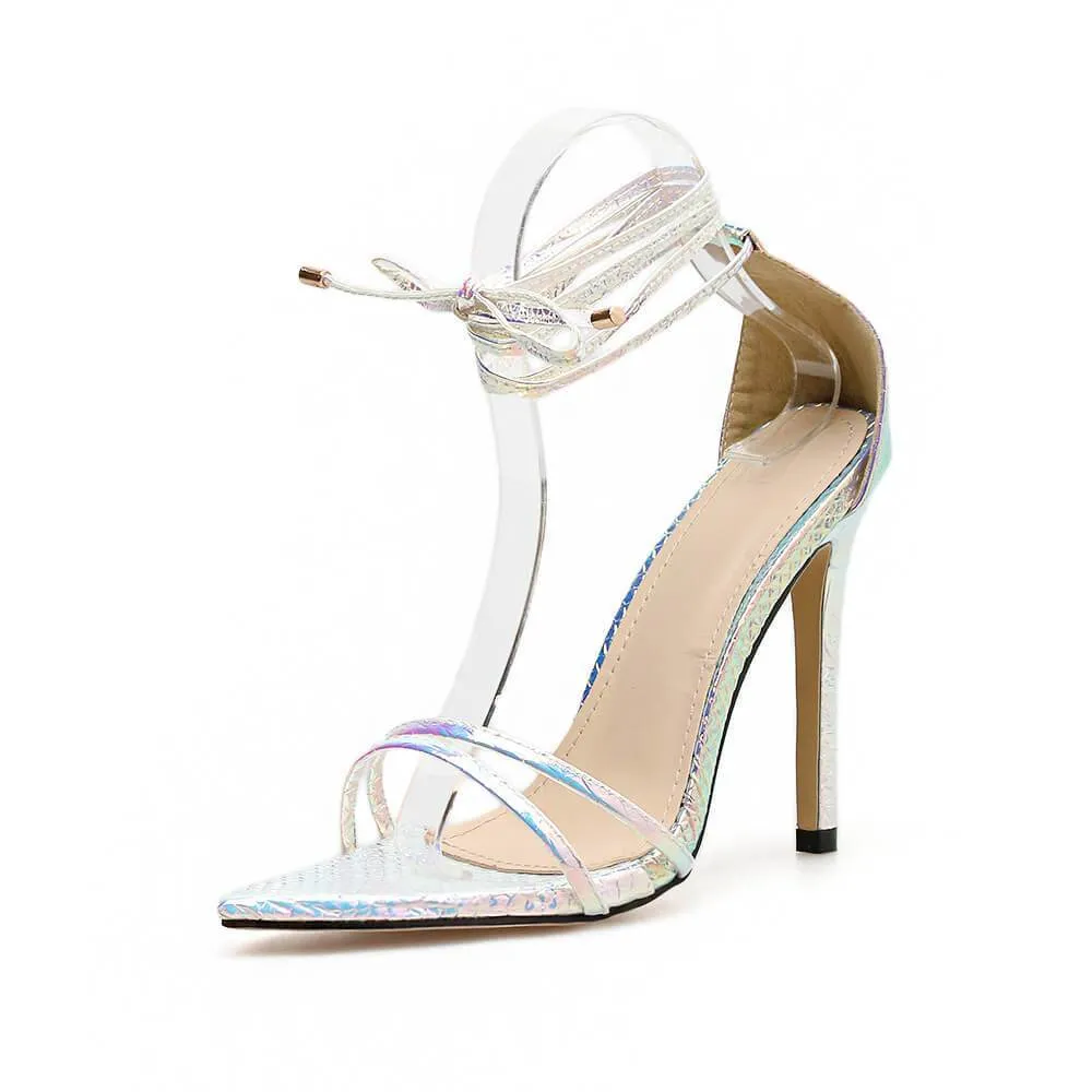 Silver Strappy Ankle  Pointed Toe Metallic Sandals