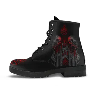 Skull Demon Satanic Pentagram Church Flame Handcrafted Leather Boots Dark Version