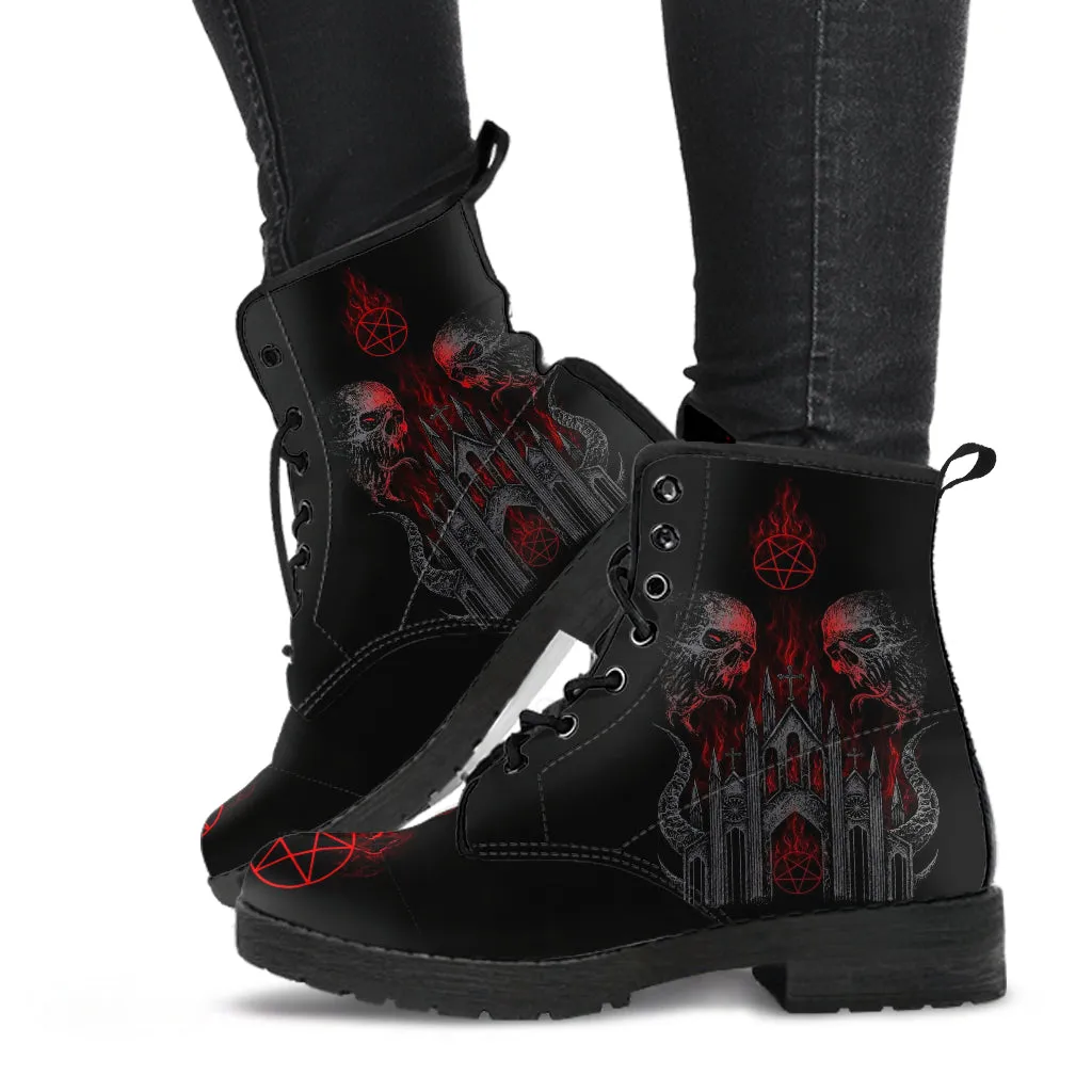 Skull Demon Satanic Pentagram Church Flame Handcrafted Leather Boots Dark Version