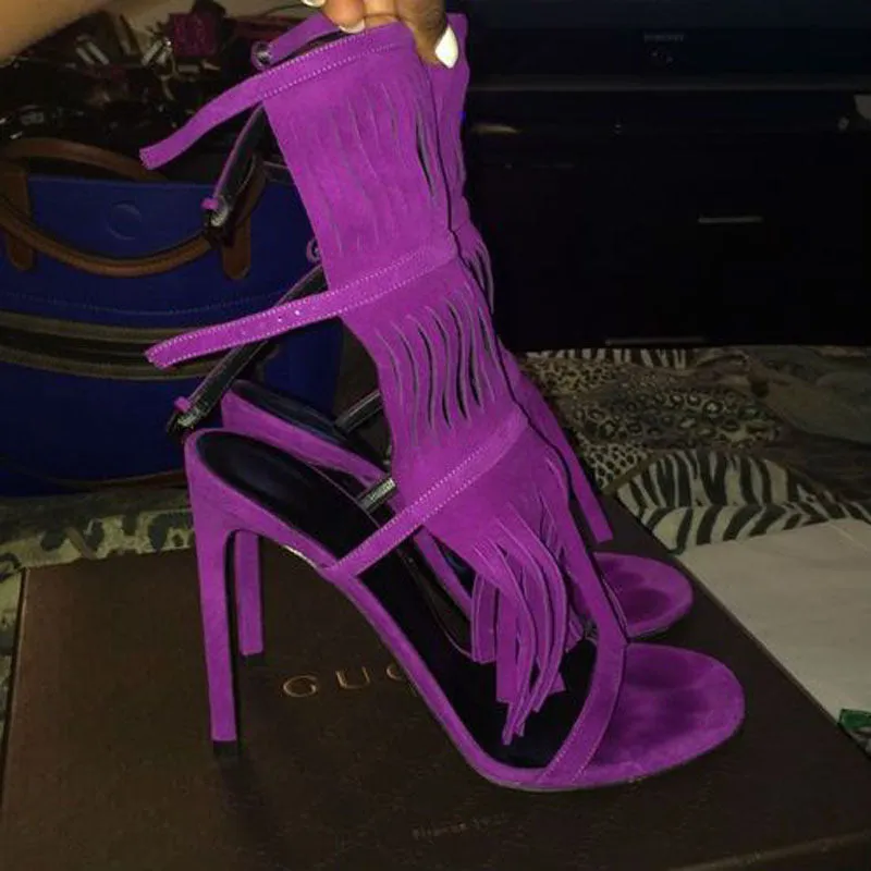 Stylish Suede Open Toe Fringe Buckle High Heel Sandals