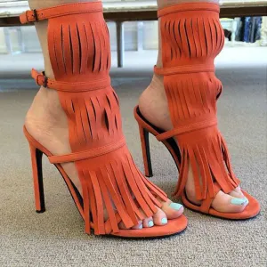 Stylish Suede Open Toe Fringe Buckle High Heel Sandals