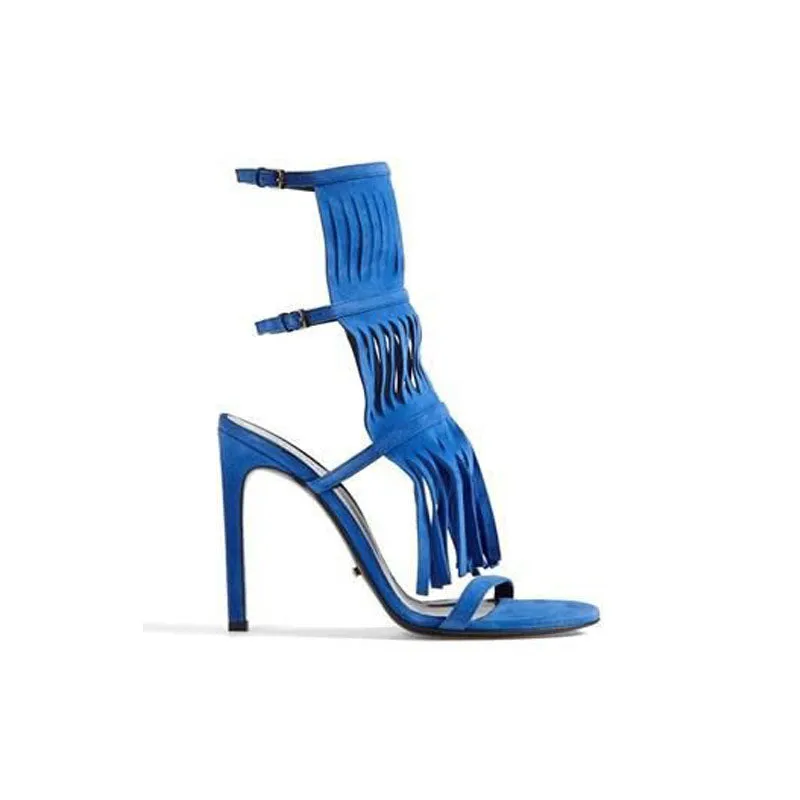 Stylish Suede Open Toe Fringe Buckle High Heel Sandals