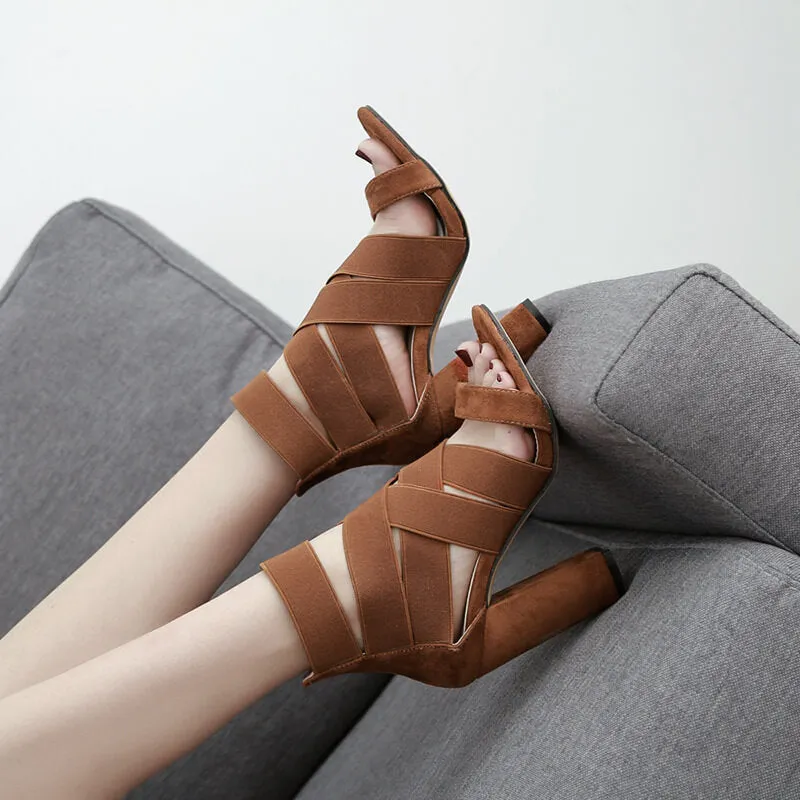 Suede Point Toe High Chunky Heel Sandals