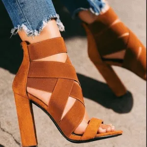 Suede Point Toe High Chunky Heel Sandals
