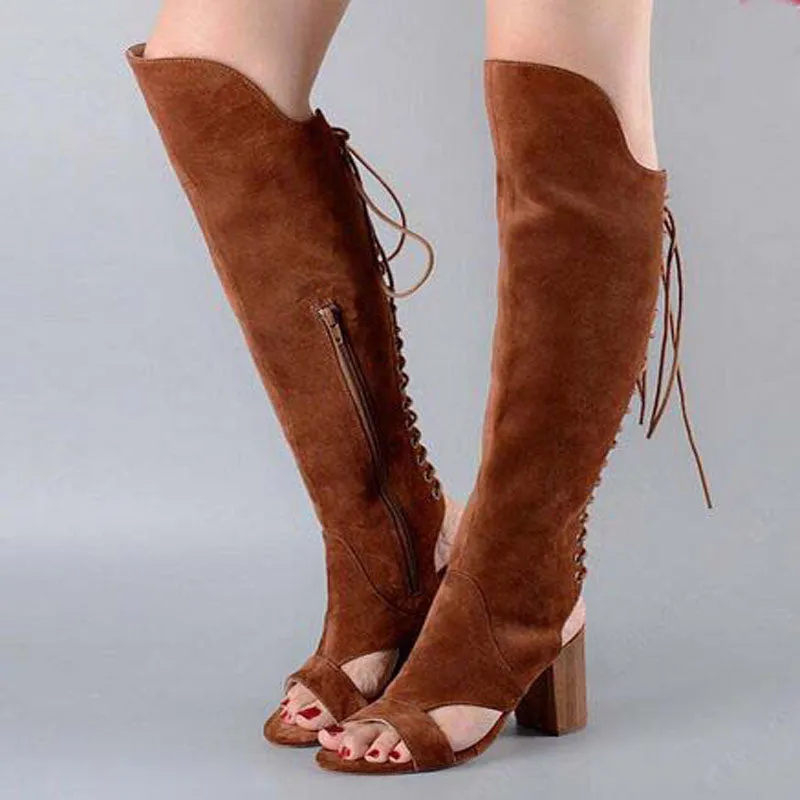 Suede Strap Open Toe Chunky Heel Knee High Sandals