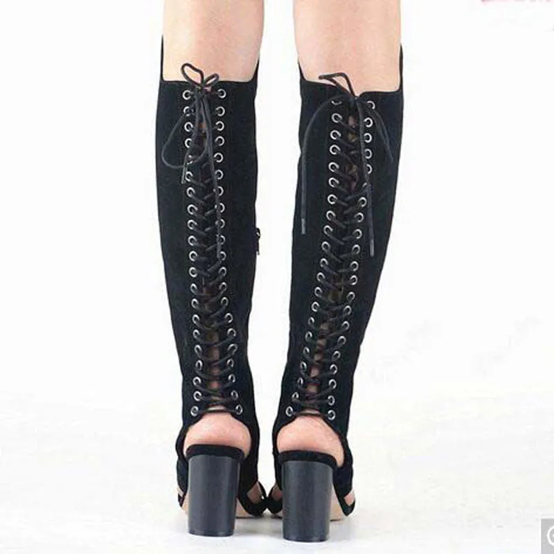 Suede Strap Open Toe Chunky Heel Knee High Sandals