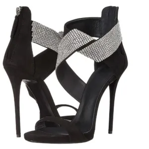 Summer Black Leather Rhinestone High Heel Sandals
