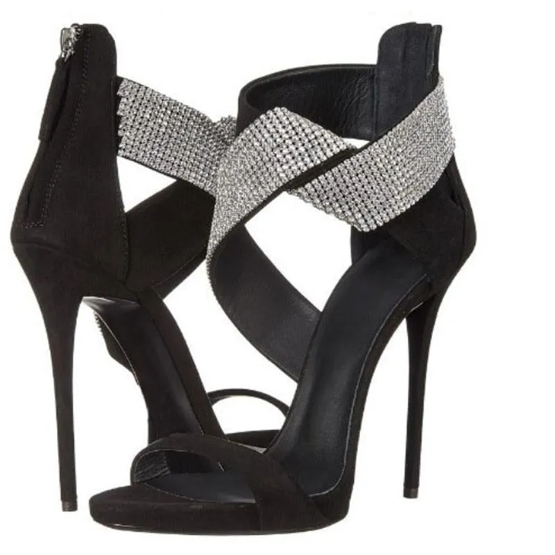 Summer Black Leather Rhinestone High Heel Sandals