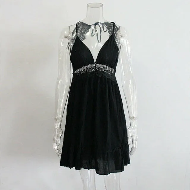 Summer Boho Dress Women Crochet Lace Ruffle Beach Dresses V Neck Sleeveless Spaghetti Strap Backless Sexy Mini Dress