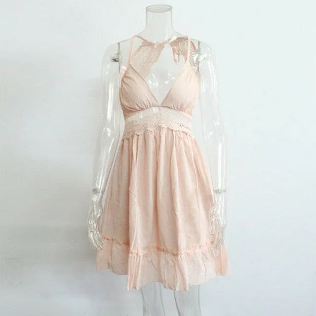 Summer Boho Dress Women Crochet Lace Ruffle Beach Dresses V Neck Sleeveless Spaghetti Strap Backless Sexy Mini Dress