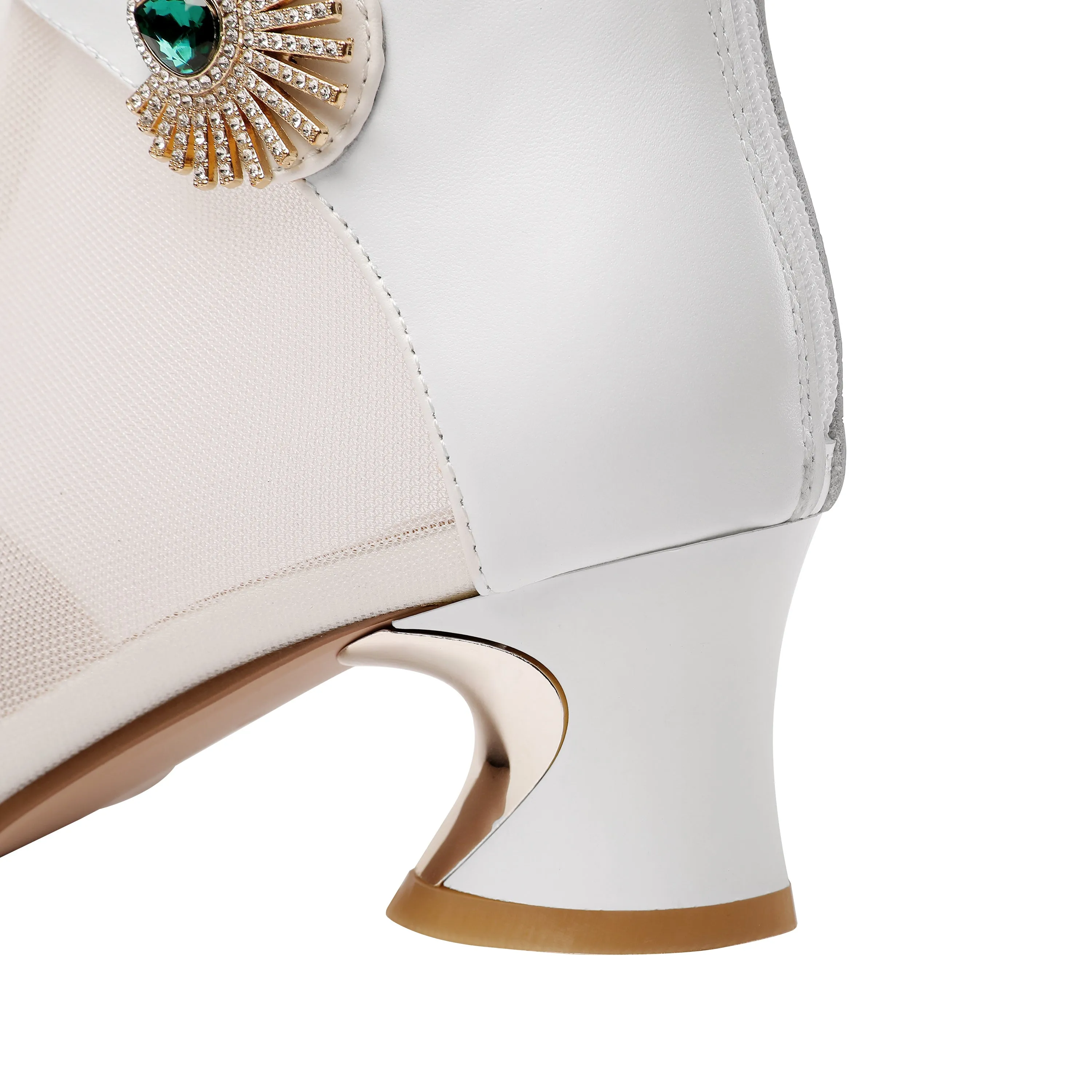 TinaCus Women's Genuine Leather and Mesh Handmade Spool Heel Zip Up Crystal Decor Stylish Ankle Boots