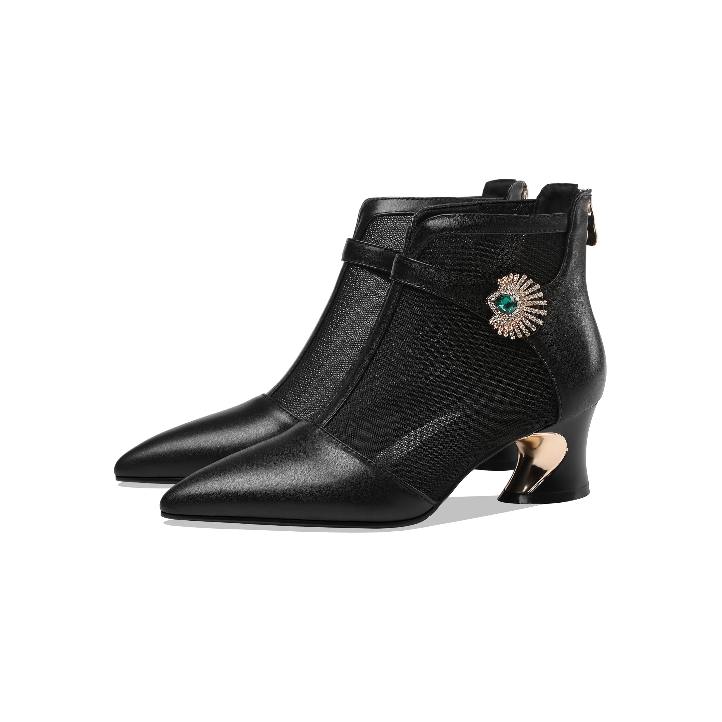 TinaCus Women's Genuine Leather and Mesh Handmade Spool Heel Zip Up Crystal Decor Stylish Ankle Boots